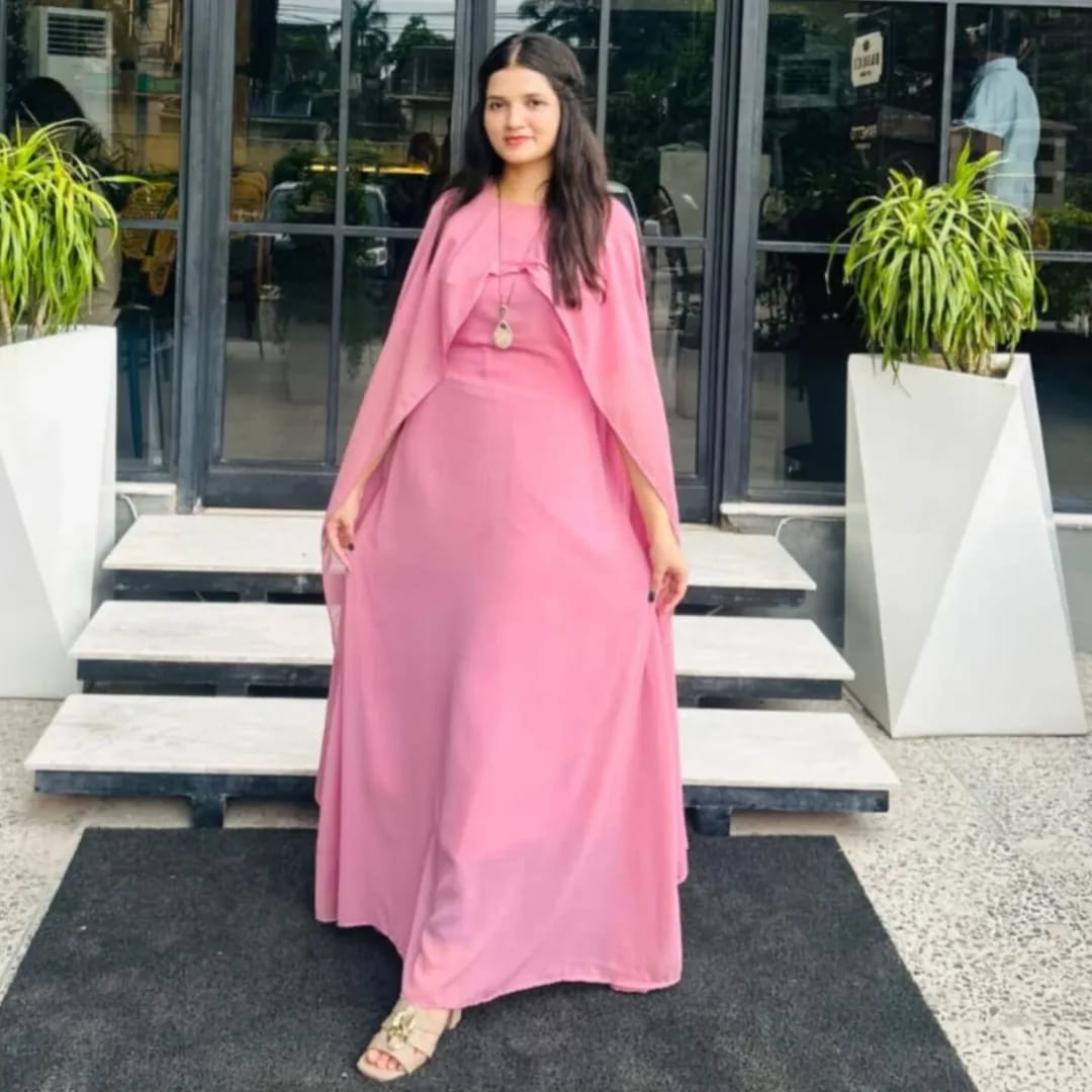 Stylish Chiffon Maxi with Cap Shawl Dupatta and Trouser
