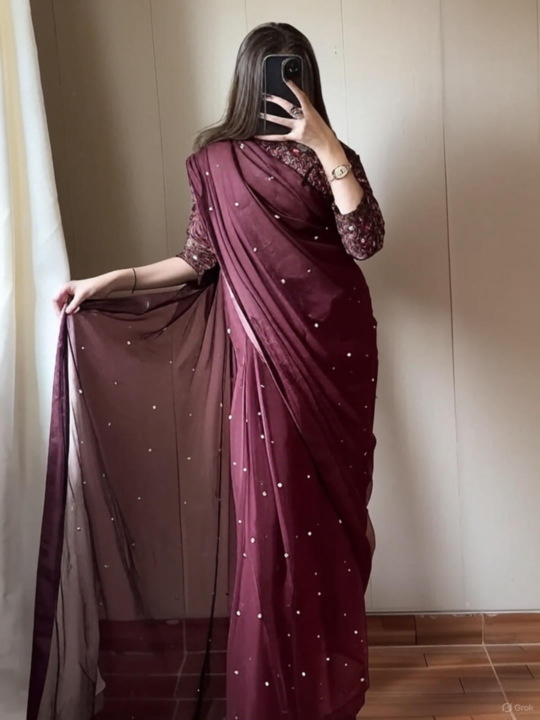Chiffon Saree with Pearls attached and Organza fully embroidery blouse