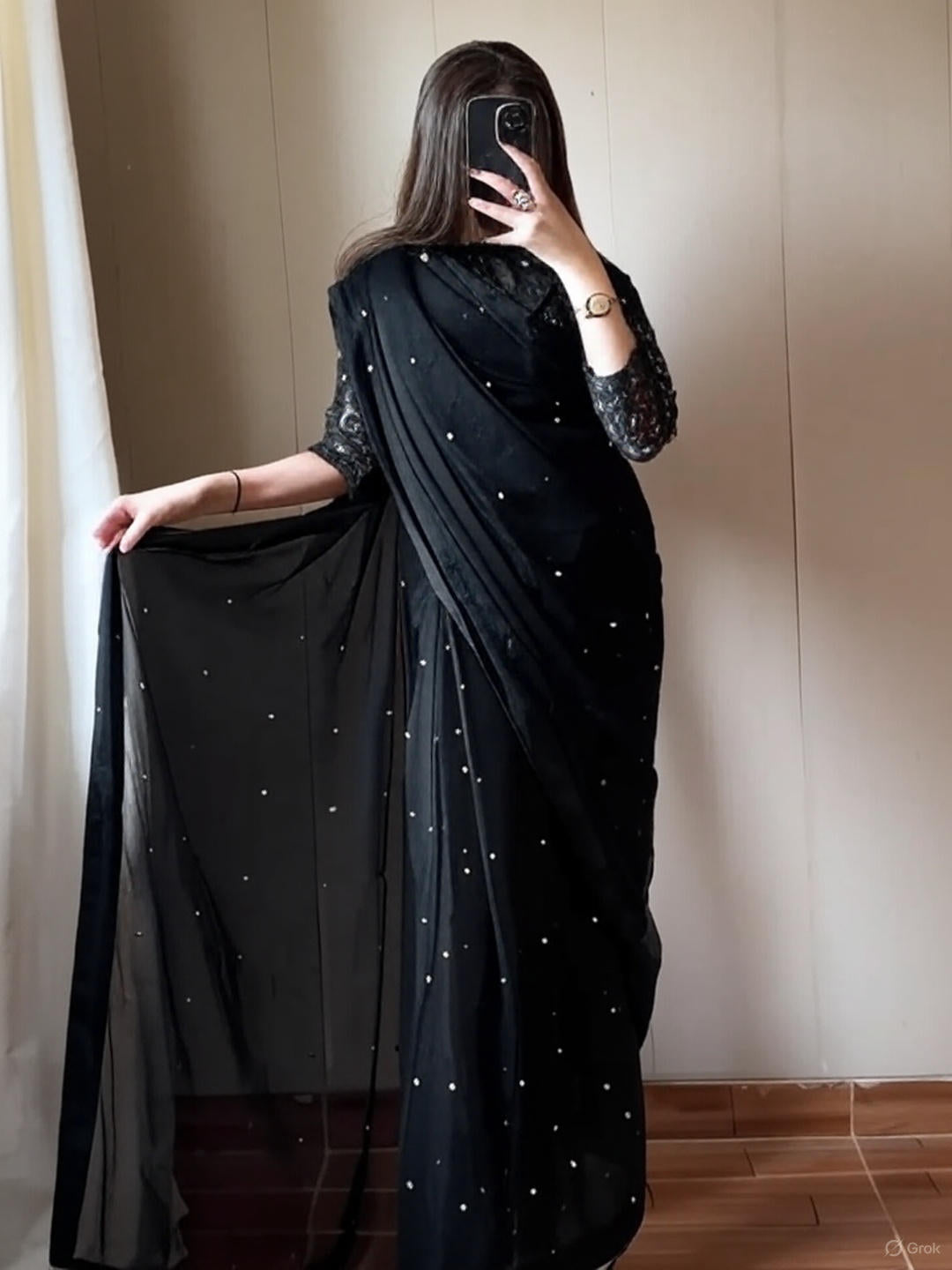 Chiffon Saree with Pearls attached and Organza fully embroidery blouse