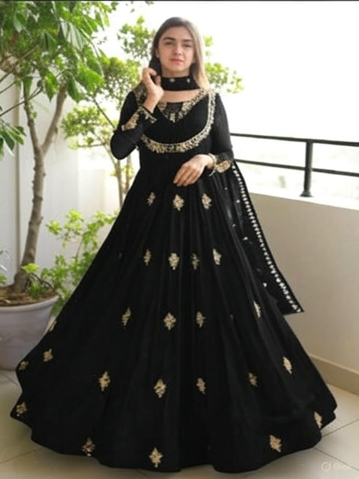 Neck Sleevee Front Embroidered Maxi With Embroidery Dupatta