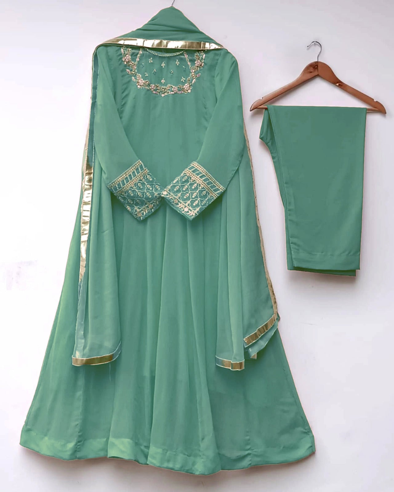 Handwork And Embroidery On Neck,Sleeves Maxi With Lace Work Duppatta And Trouser