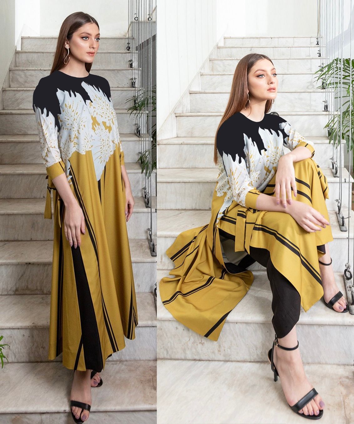 Mustard & Black Abstract Long Shirt and Trouser – Contemporary Chic