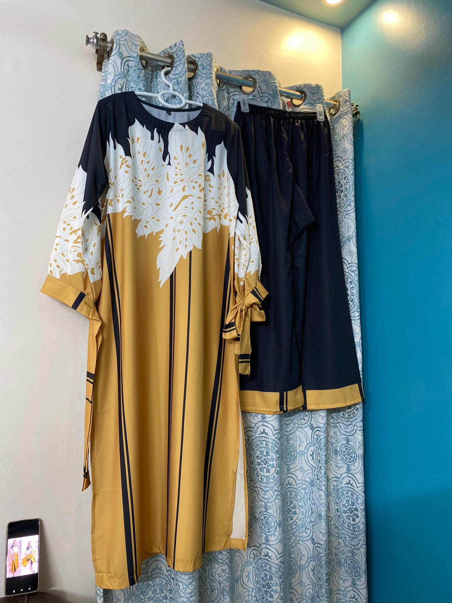 Mustard & Black Abstract Long Shirt and Trouser – Contemporary Chic