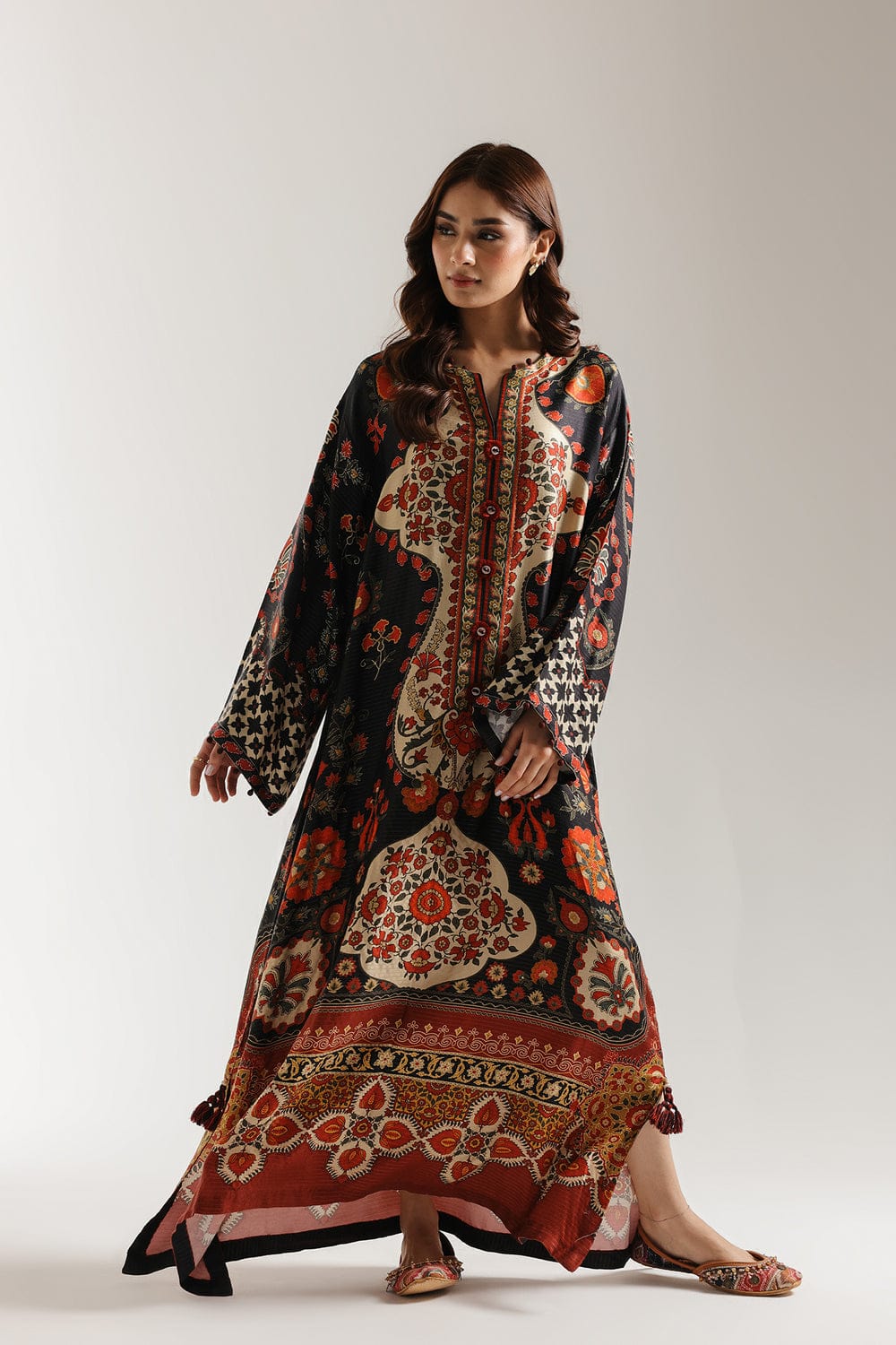 Midnight Rust Ornate Crepe Kaftan – Long Sleeve Printed two piece Dress