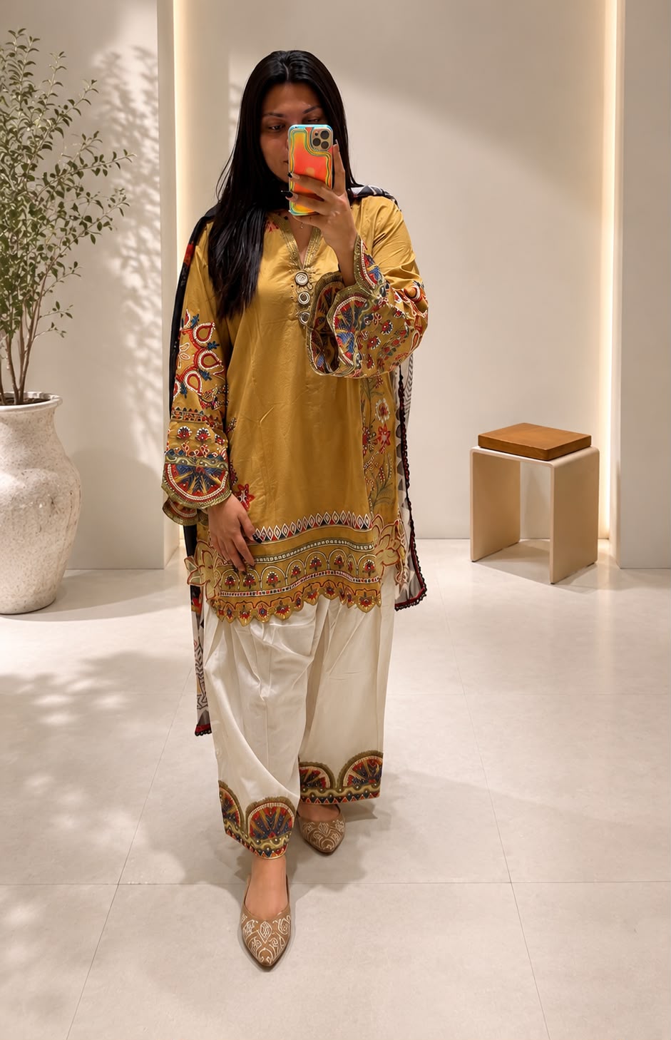 Olive Elegance Embroidered Tunic & Flared Bottom Ensemble
