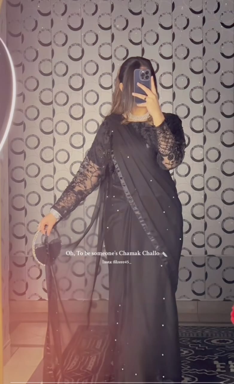 Chiffon Saree with Pearls attached and Organza fully embroidery blouse