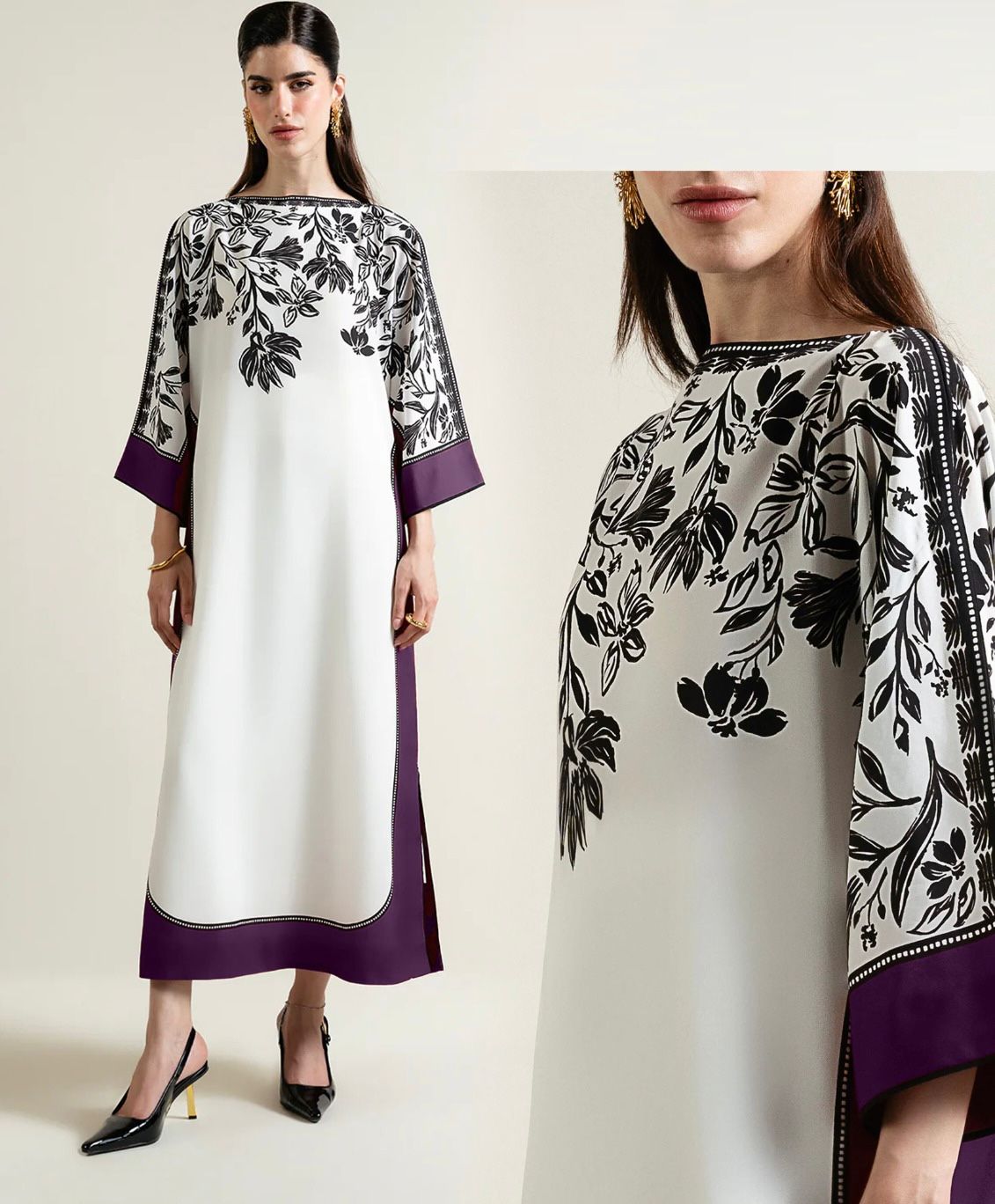 Three Piece Floral Elegance Long Dress Kaftan style - 3600/- Free Delivery All over Pakistan