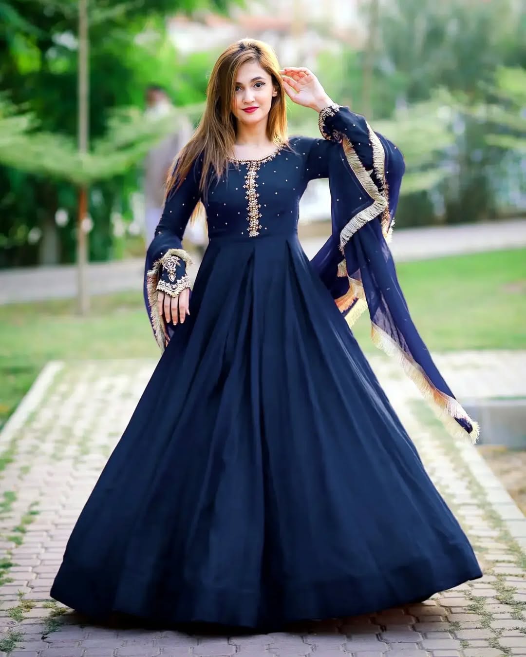 Kaya Embroidered Chiffon Maxi Set with Lace Dupatta
