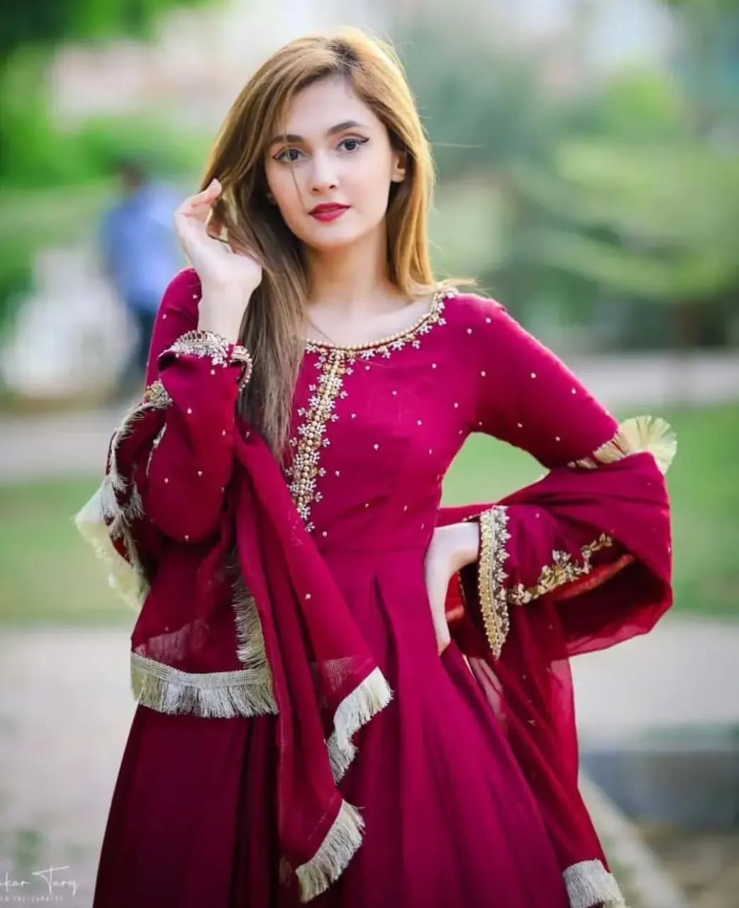Kaya Embroidered Chiffon Maxi Set with Lace Dupatta