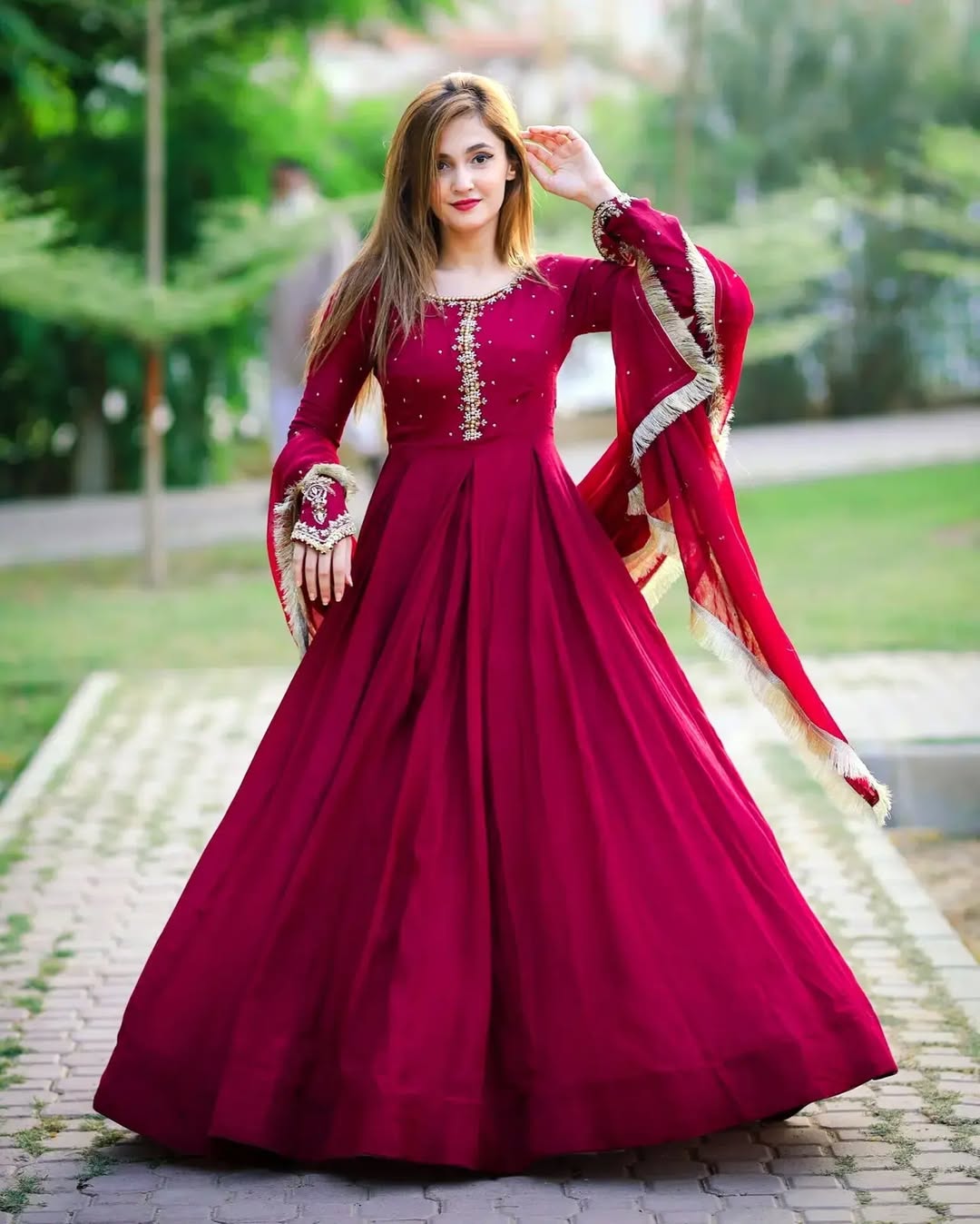 Kaya Embroidered Chiffon Maxi Set with Lace Dupatta