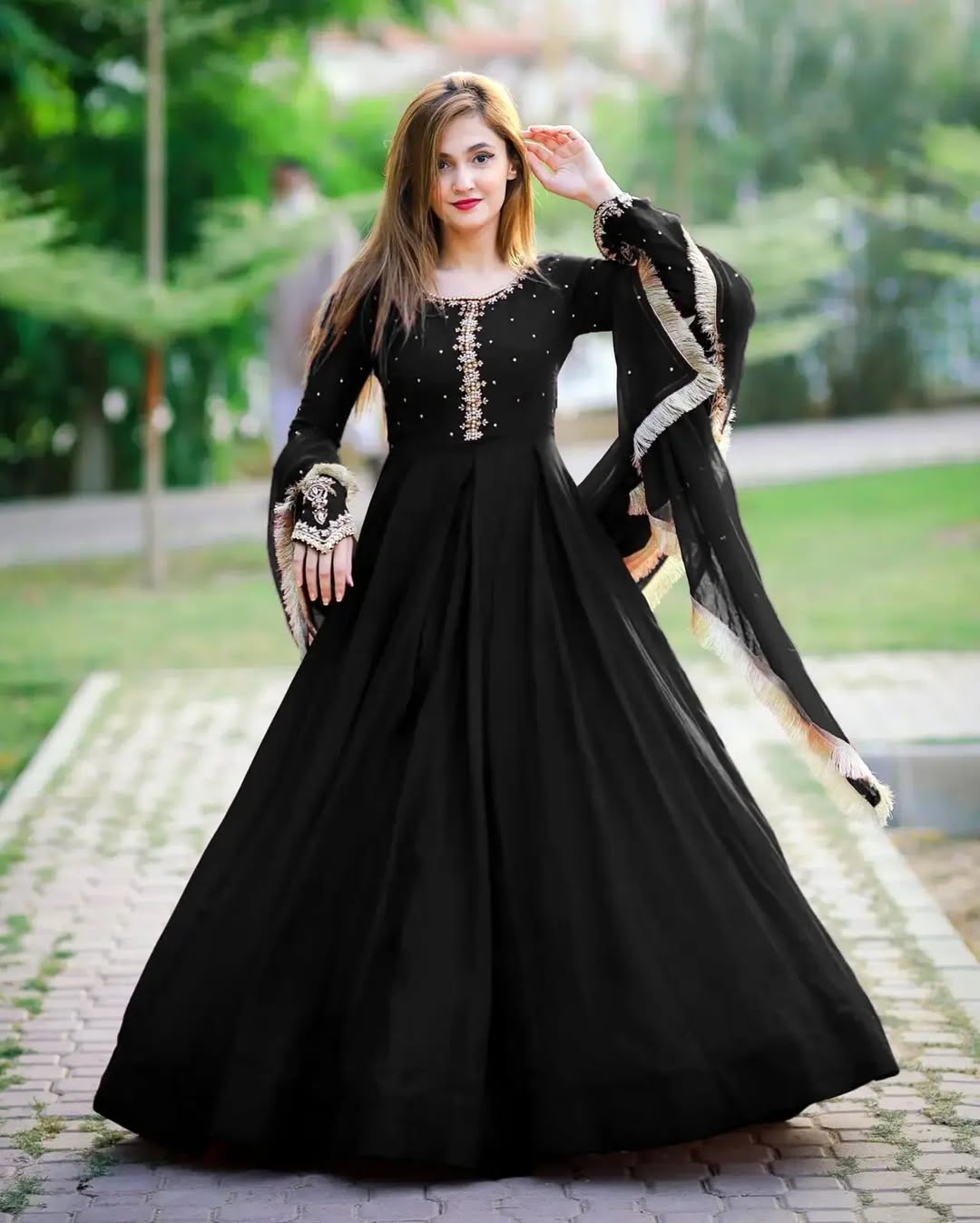 Kaya Embroidered Chiffon Maxi Set with Lace Dupatta
