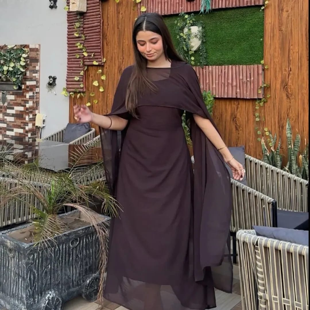Stylish Chiffon Maxi with Cap Shawl Dupatta and Trouser