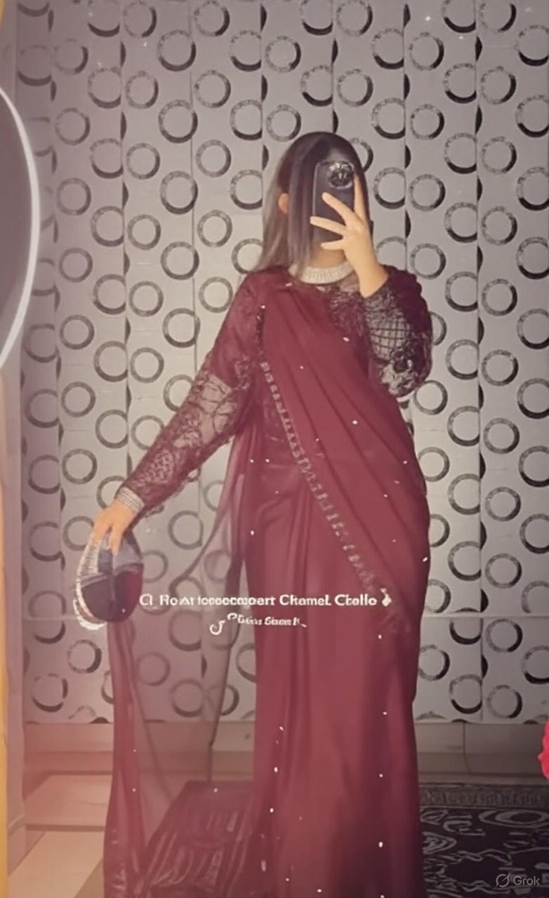 Chiffon Saree with Pearls attached and Organza fully embroidery blouse