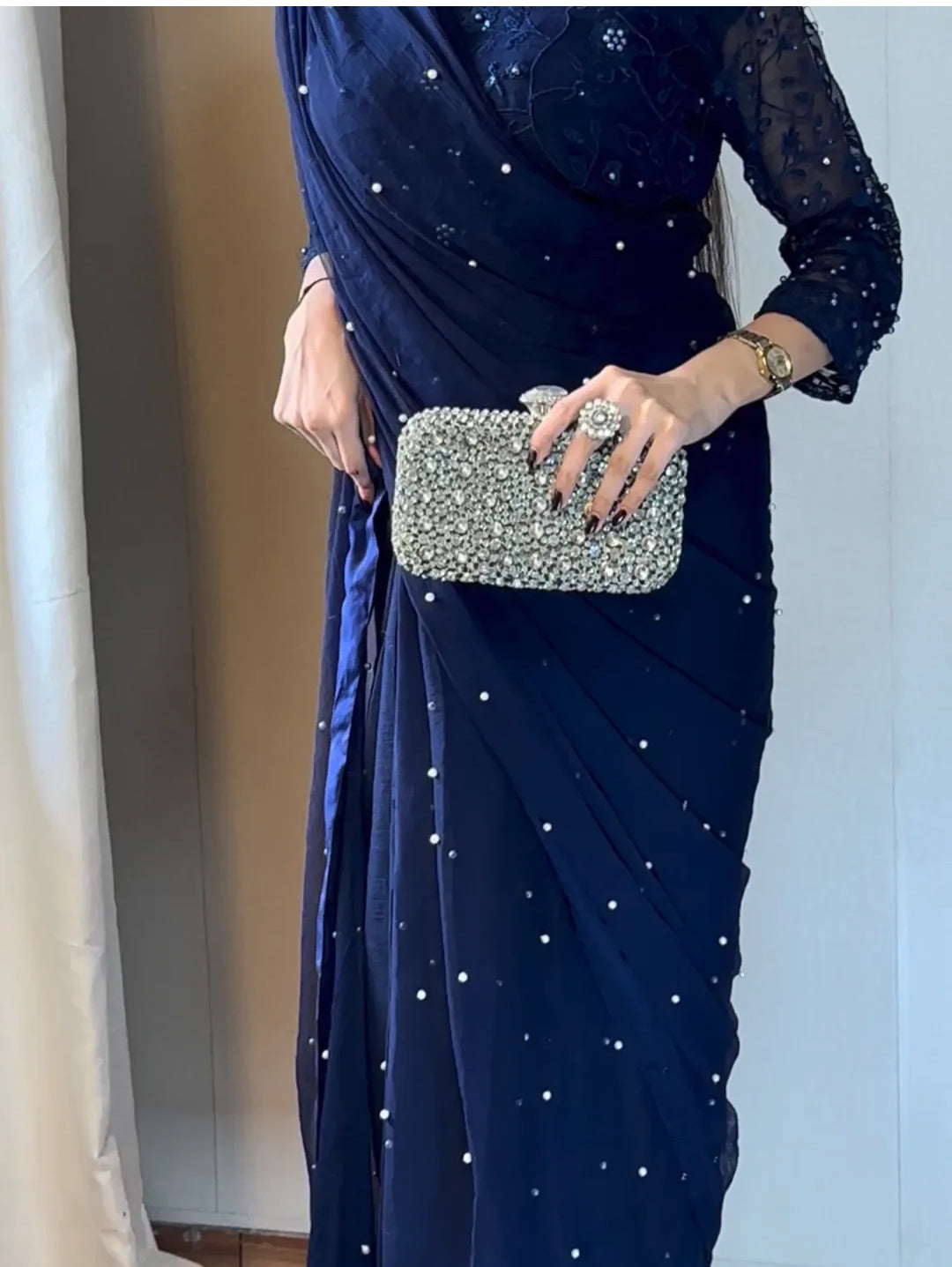 Chiffon Saree with Pearls attached and Organza fully embroidery blouse