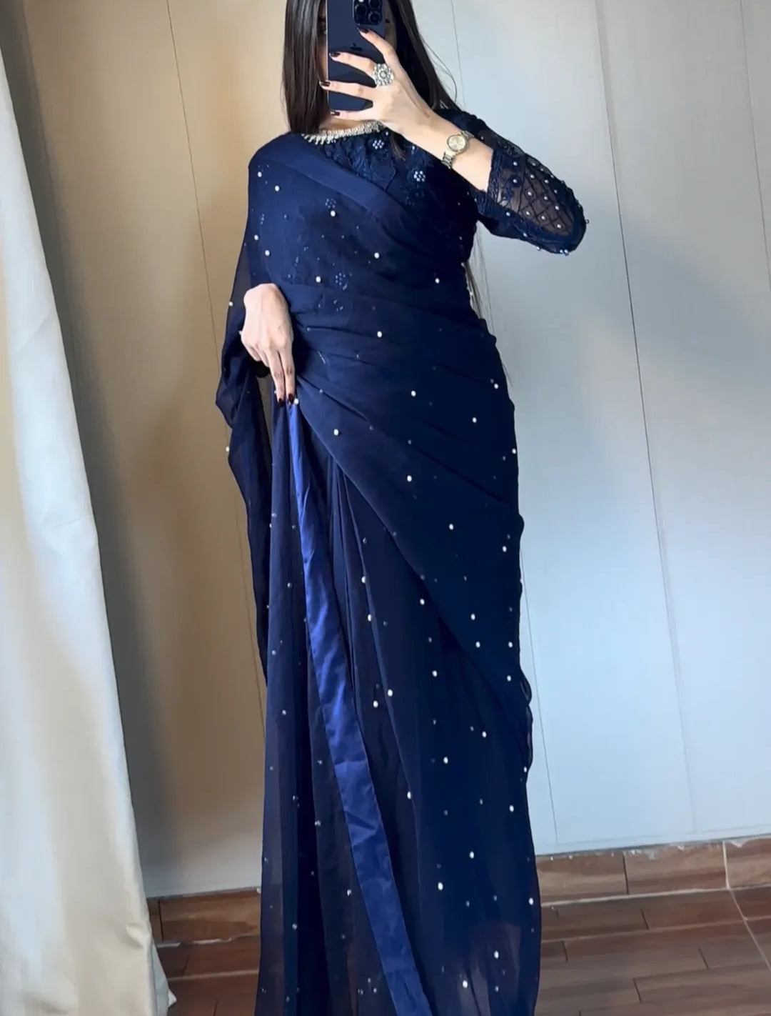 Chiffon Saree with Pearls attached and Organza fully embroidery blouse