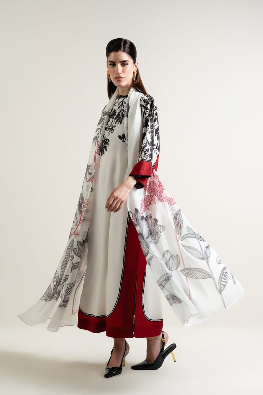 Three Piece Floral Elegance Long Dress Kaftan style - 3600/- Free Deli Canvas Pret Official Three Piece Floral Elegance Long Dress Kaftan style - 3600/- Free Deli Canvas Pret Official
