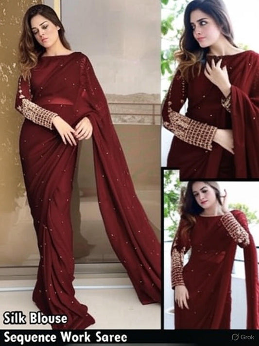 Chiffon Pearls Saare wit Silk Sequence Embroidery Blouse
