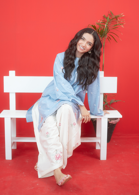 Sky Blue Embroidered Two Piece