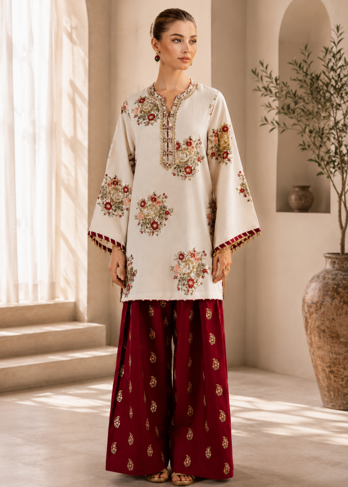 Regal Heritage: Ivory Floral Shirt with Deep Maroon Embellished Farshi Shalwar