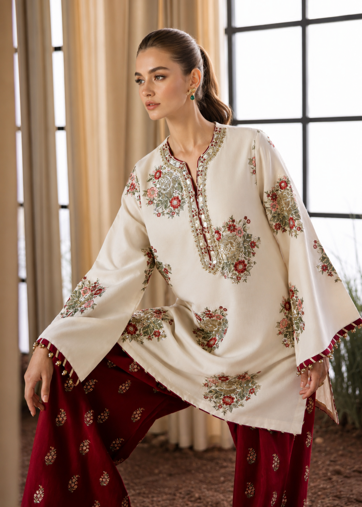 Regal Heritage: Ivory Floral Shirt with Deep Maroon Embellished Farshi Shalwar