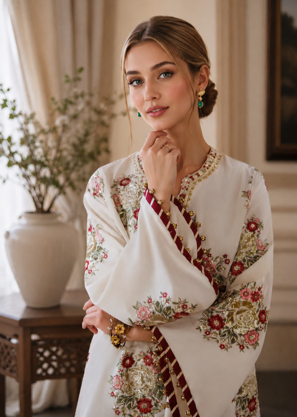 Regal Heritage: Ivory Floral Shirt with Deep Maroon Embellished Farshi Shalwar