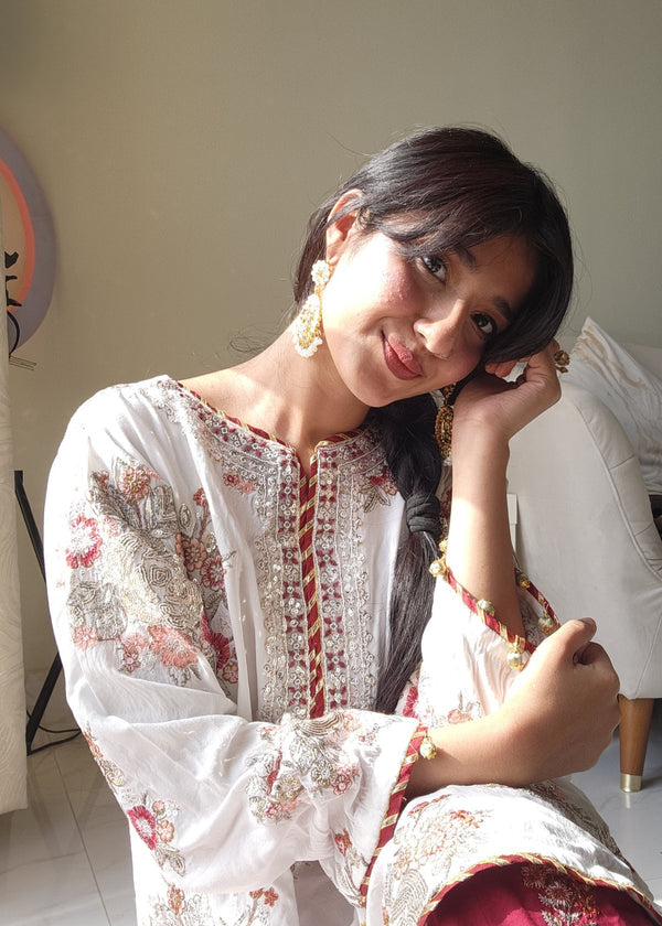 Regal Heritage: Ivory Floral Shirt with Deep Maroon Embellished Farshi Shalwar
