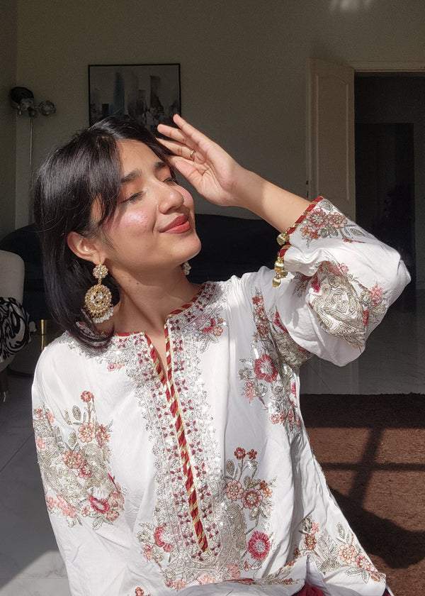 Regal Heritage: Ivory Floral Shirt with Deep Maroon Embellished Farshi Shalwar