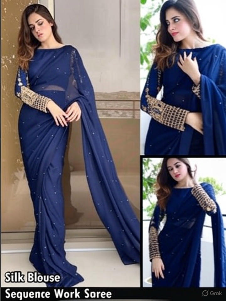 Chiffon Pearls Saare wit Silk Sequence Embroidery Blouse