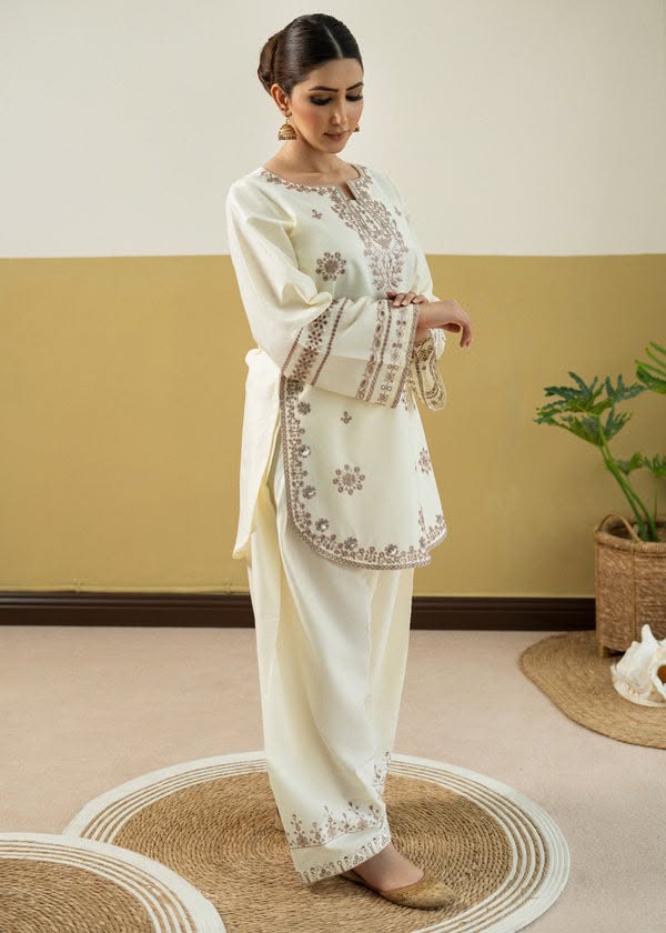 Elegance Unveiled – Off-White Embroidered Set - Farshi Shalwar