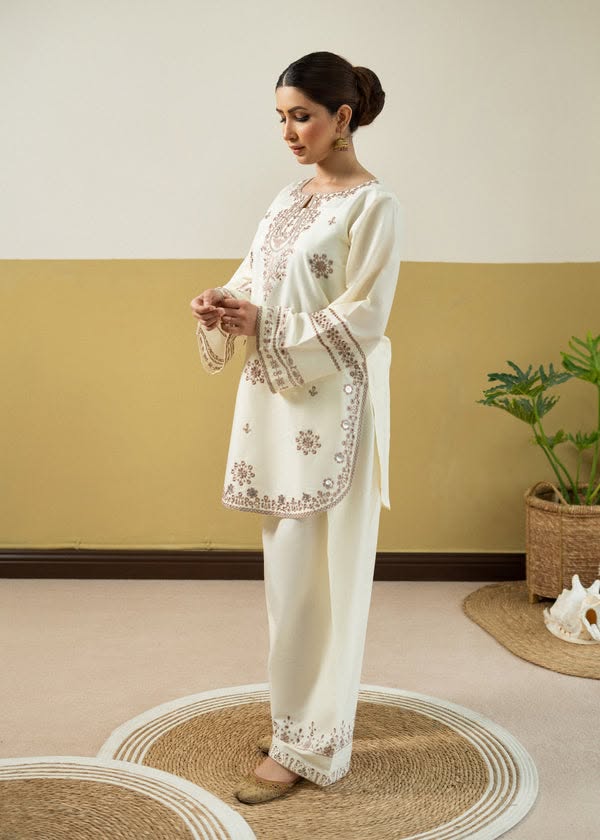 Elegance Unveiled – Off-White Embroidered Set - Farshi Shalwar