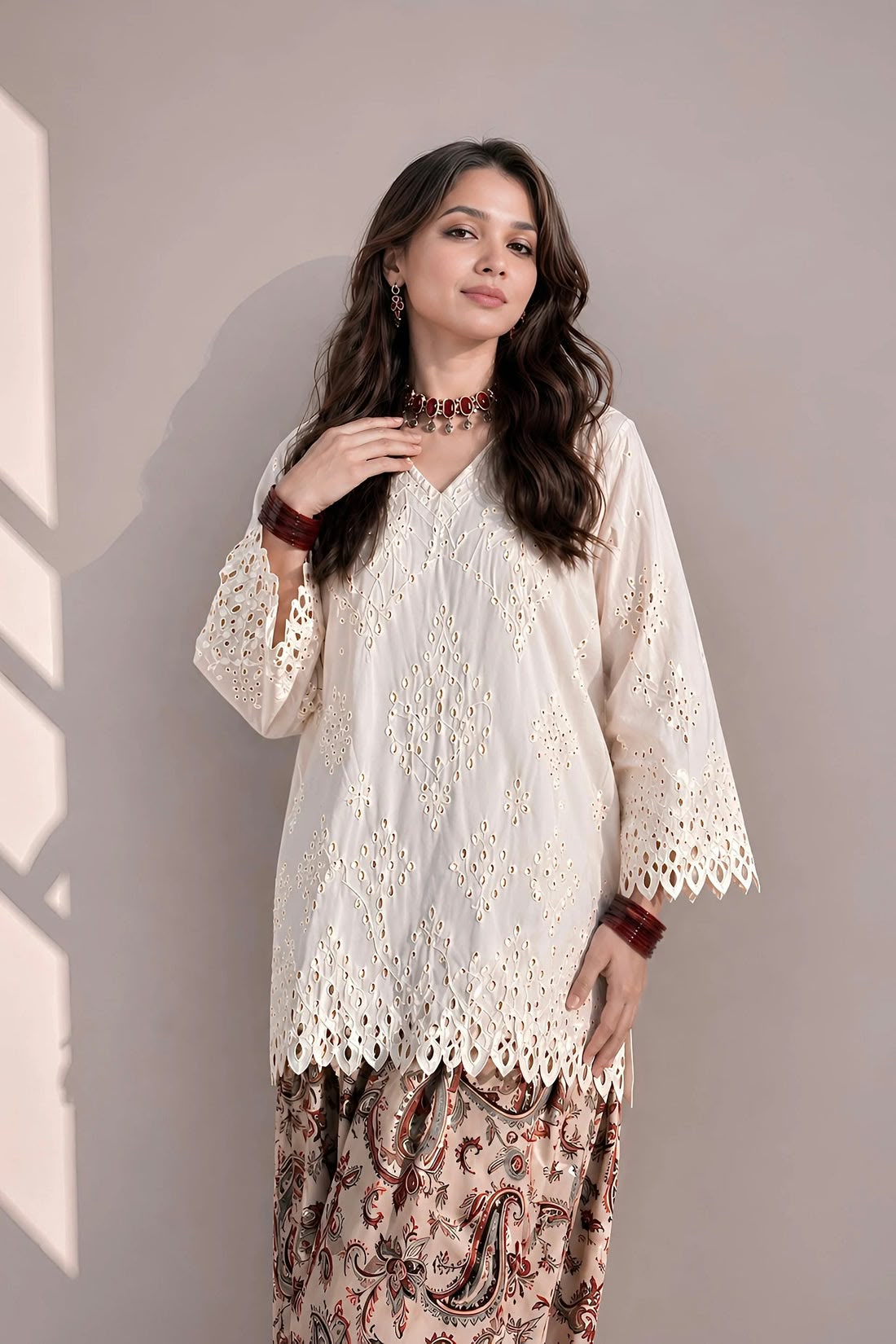 Scalloped Cutwork Ivory Shirt & Printed Farshi Shalwar Set