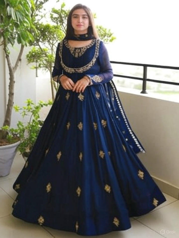 Neck Sleevee Front Embroidered Maxi With Embroidery Dupatta