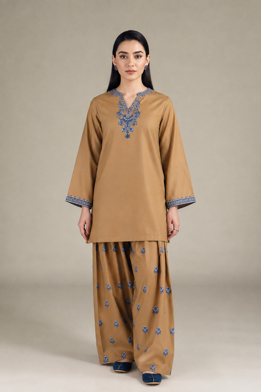 Elegance Redefined: Earthy Bronze Embroidered Co-ord Set