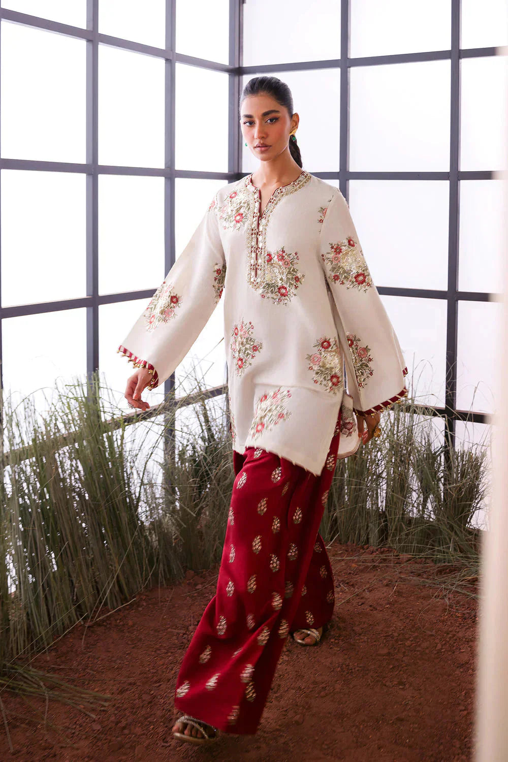 Regal Heritage: Ivory Floral Shirt with Deep Maroon Embellished Farshi Shalwar