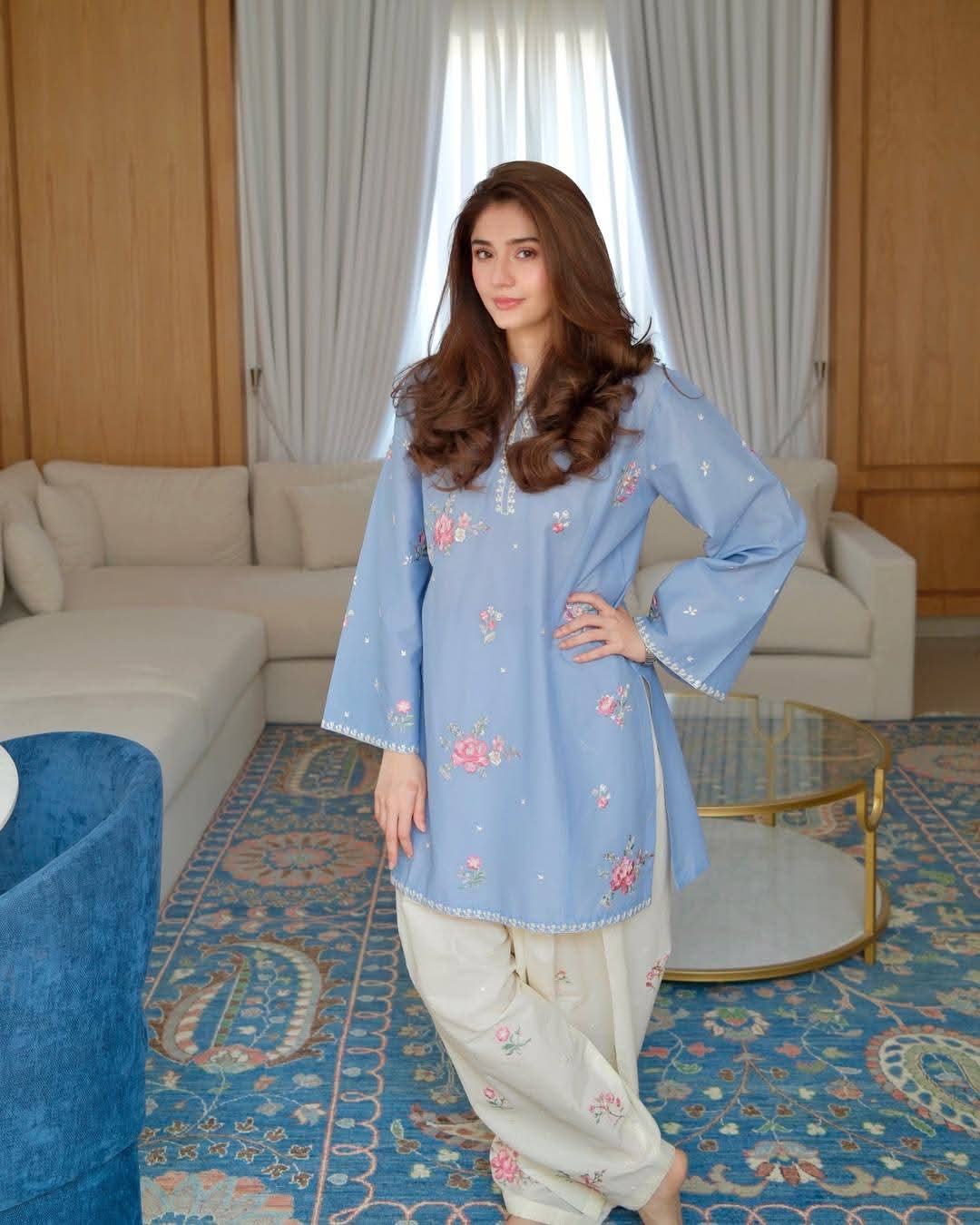 Sky Blue Embroidered Two Piece
