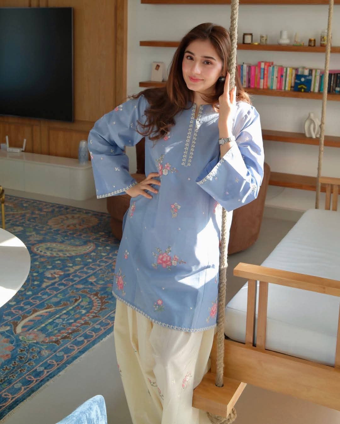 Sky Blue Embroidered Two Piece