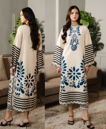 White Long Shirt with Navy Blue Floral Print and Trouser