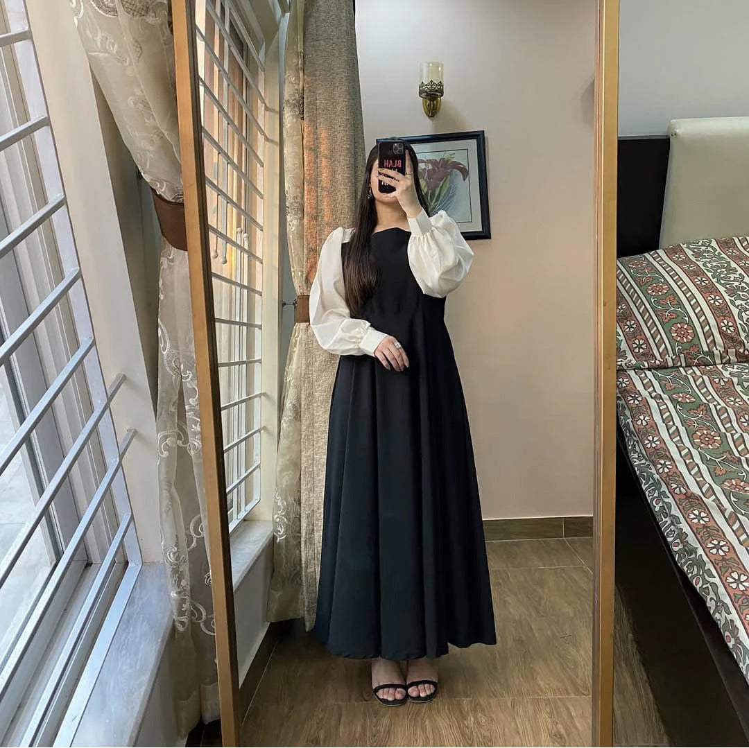 Front And Back Platted Design With White Sleeves Georgette Maxi