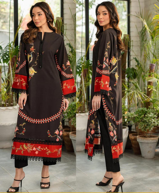 Ethnic Floral Embroidered Long Shirt with Red Accents and Trouser | Pakistani-Style Dress