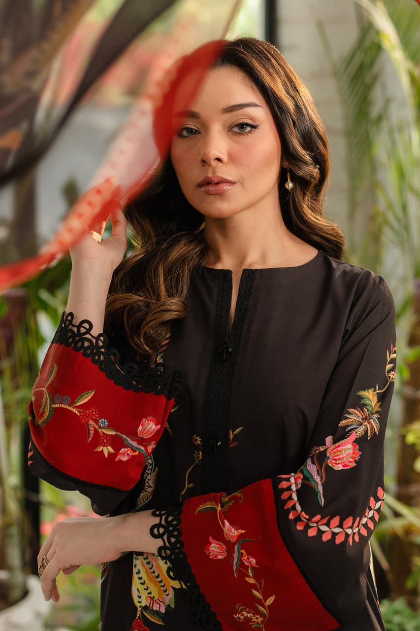 Ethnic Floral Embroidered Long Shirt with Red Accents and Trouser | Pakistani-Style Dress