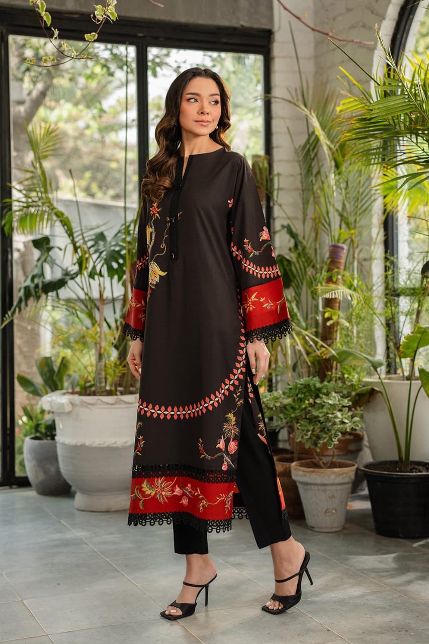 Ethnic Floral Embroidered Long Shirt with Red Accents and Trouser | Pakistani-Style Dress
