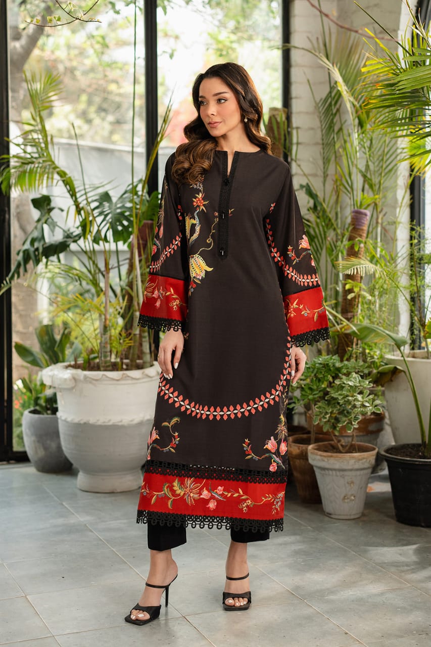 Ethnic Floral Embroidered Long Shirt with Red Accents and Trouser | Pakistani-Style Dress