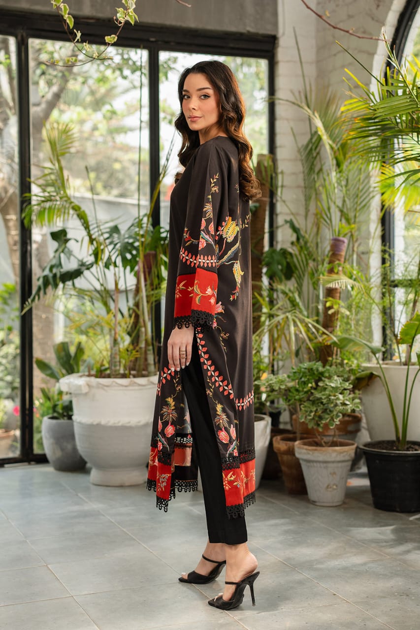 Ethnic Floral Embroidered Long Shirt with Red Accents and Trouser | Pakistani-Style Dress