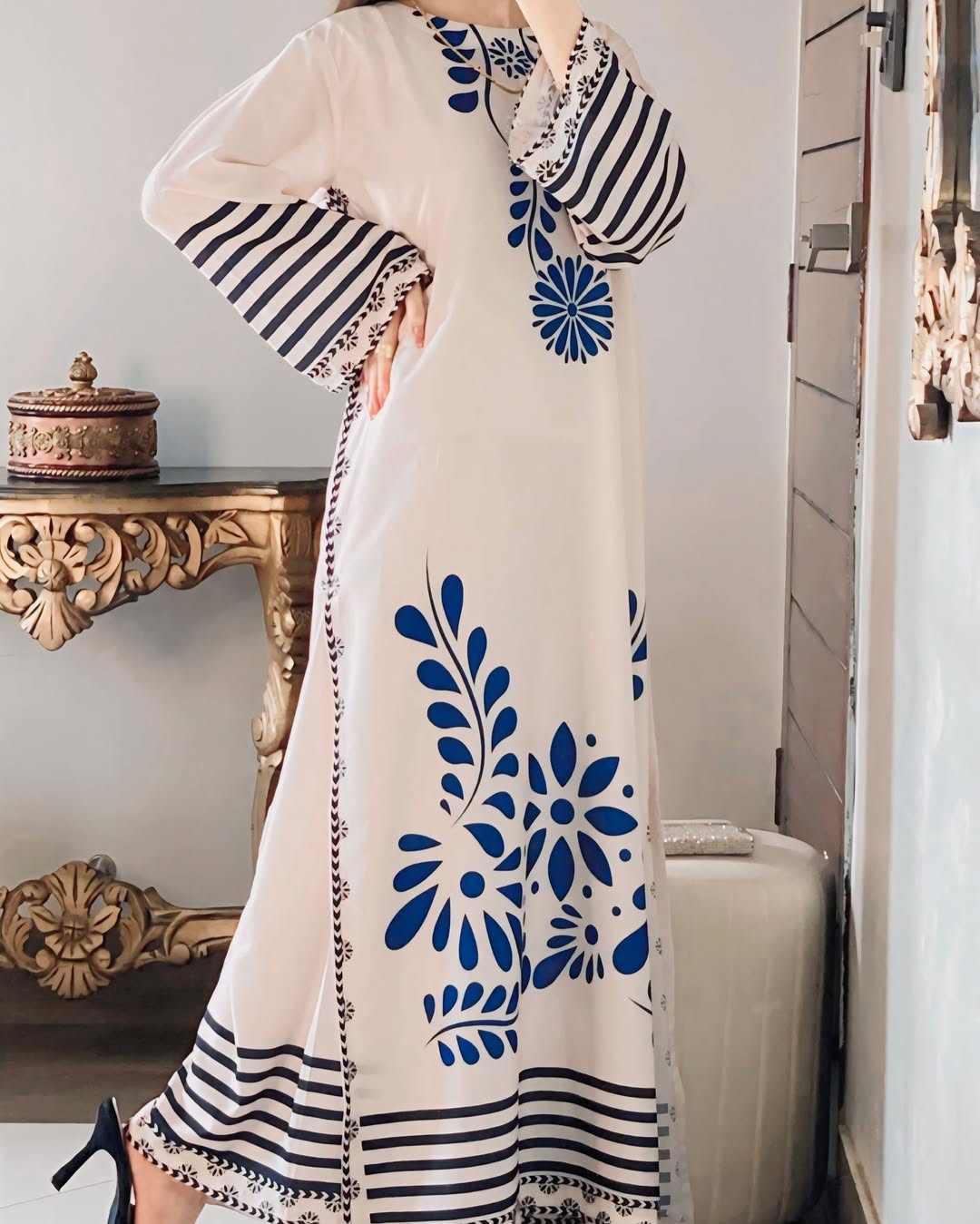 White Long Shirt with Navy Blue Floral Print and Trouser