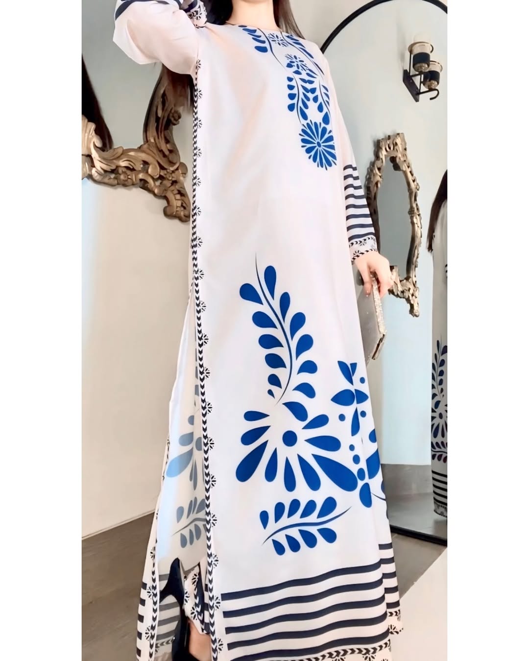 White Long Shirt with Navy Blue Floral Print and Trouser