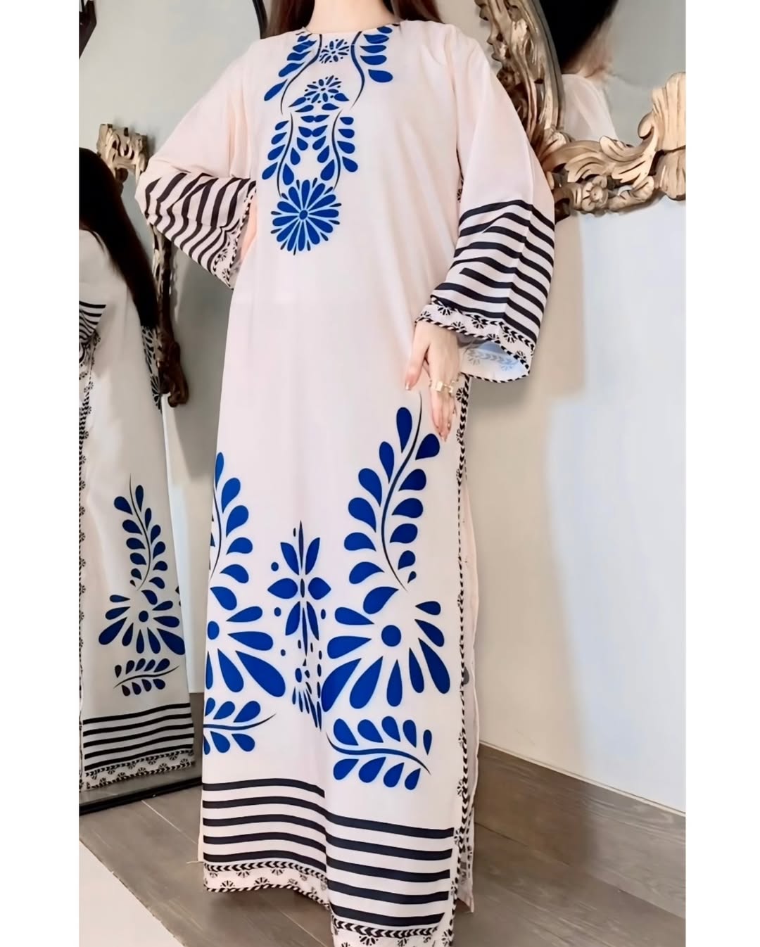 White Long Shirt with Navy Blue Floral Print and Trouser
