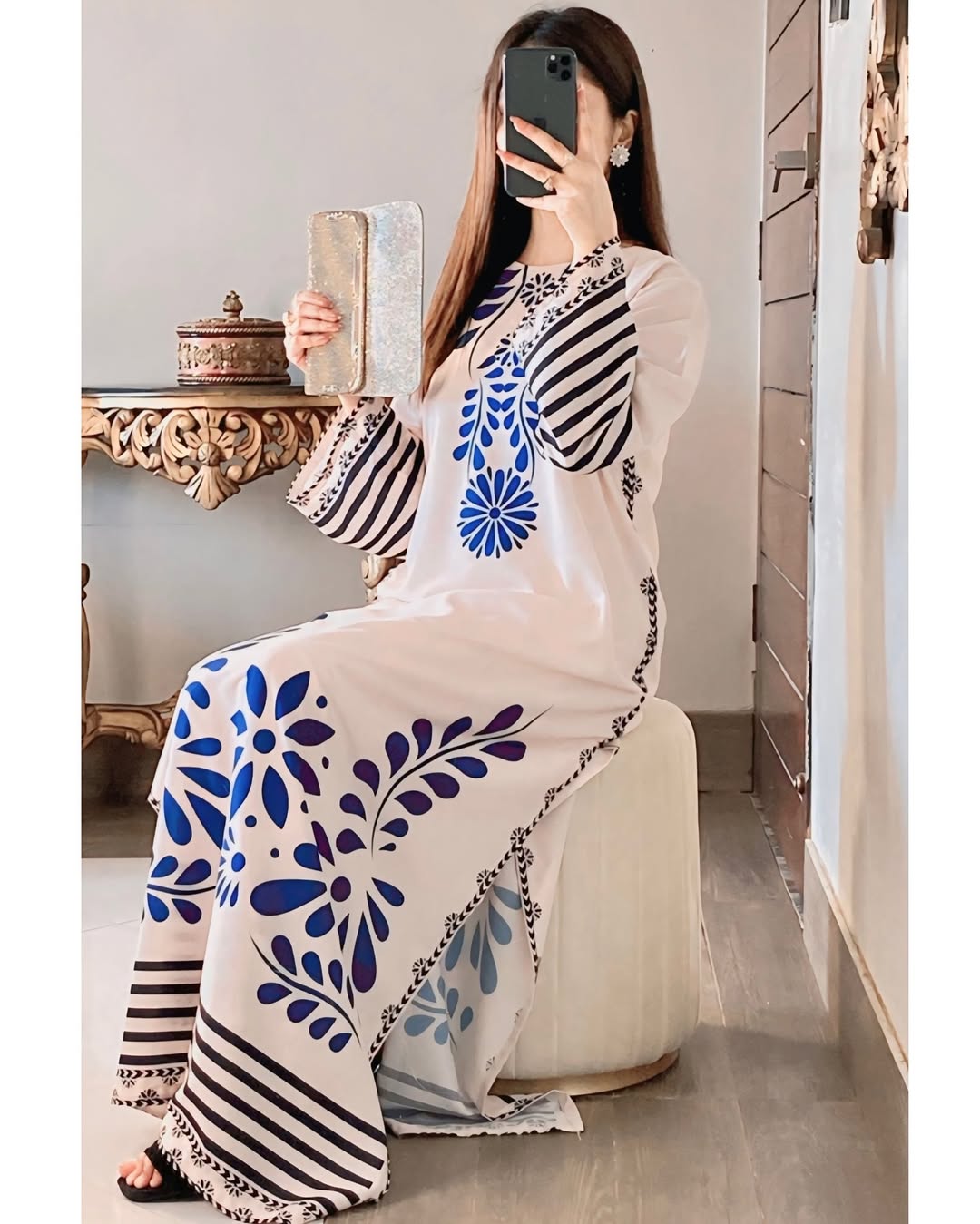 White Long Shirt with Navy Blue Floral Print and Trouser
