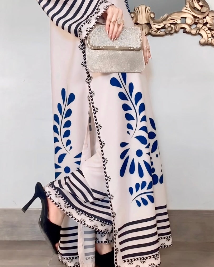 White Long Shirt with Navy Blue Floral Print and Trouser