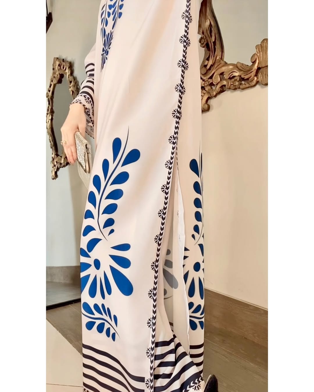 White Long Shirt with Navy Blue Floral Print and Trouser