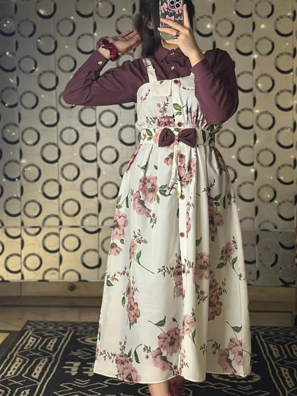 Floral Elegance Layered Midi Dress – White & Maroon